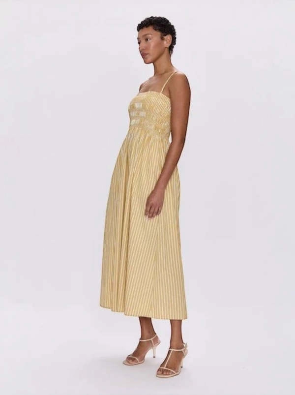 Romantic-Detail Date Vibe Pistola Bianca Shirred Bodice Dress Beach Sand Stripe