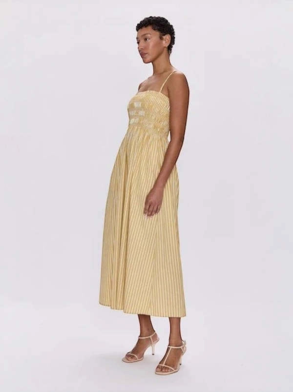 Minimalist Fit Matte-finish Pistola Bianca Shirred Bodice Dress Beach Sand Stripe