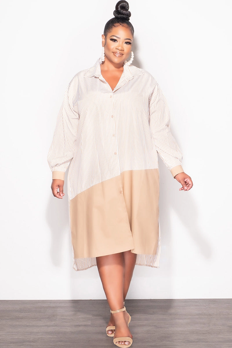 Final Sale Plus Size Collar Button Up Shirt Dress in White and Tan Light Wear Fit
