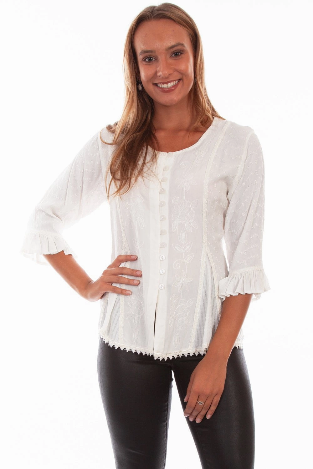 Casual Hangout Layered Collar Scully Honey Creek Womens Blouse Ivory 100% Rayon Embroidered 3/4 Sleeve