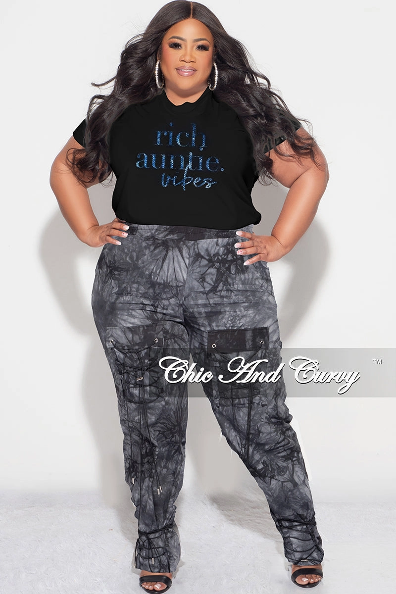 Final Sale Plus Size Sleeveless "Rich Auntie" Graphic Top in Black and Blue Print Comfort Control Stretch Waist