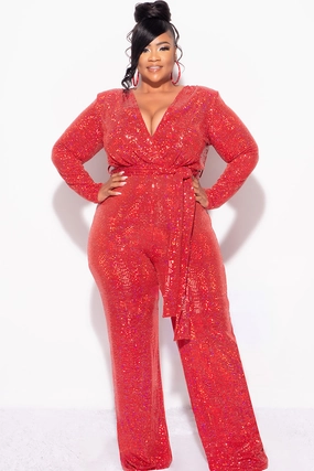 Quick Access Slit Final Sale Plus Size Long Sleeve Faux Sequin Wrap Jumpsuit with Attached Tie in Red