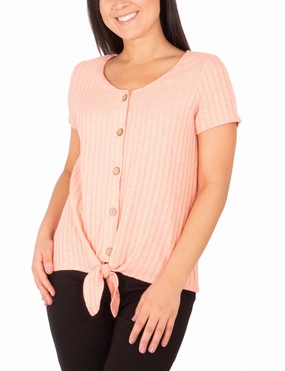 Short Sleeve Button Front Top With Tie At Hem ZeroWasteProduction
