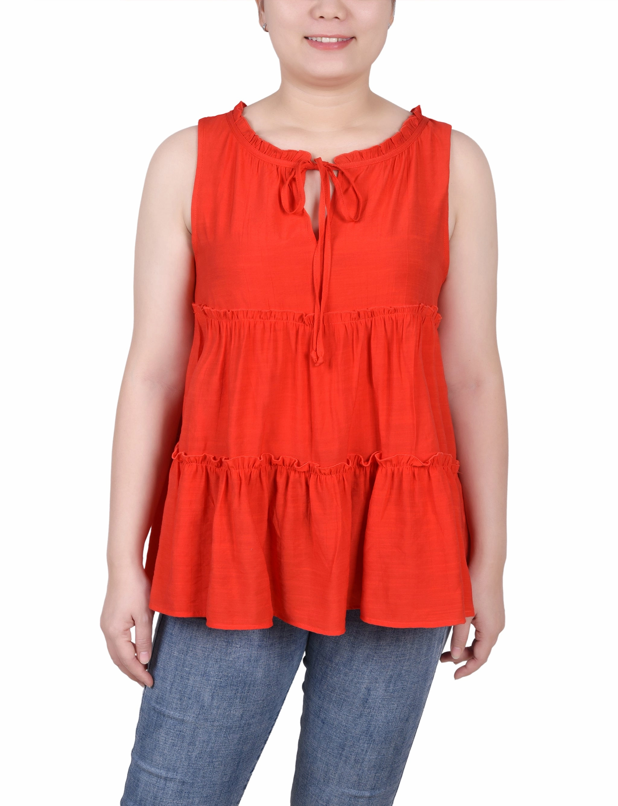 Petite Sleeveless Tiered Blouse Relaxed Tank OdorResistant Fabric