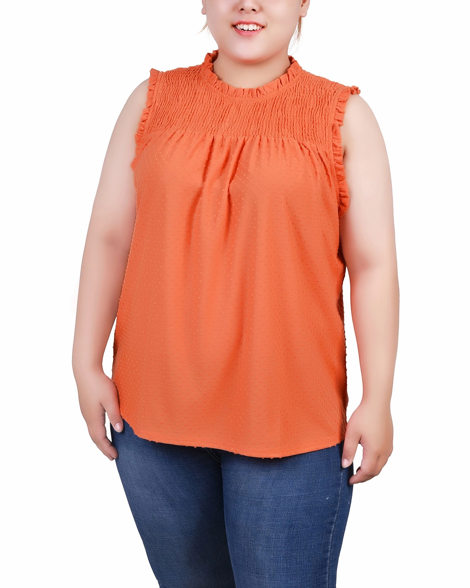 Plus Size Sleeveless Yoke Top With Ruffles Two Tone Texture Effect FadeResistant