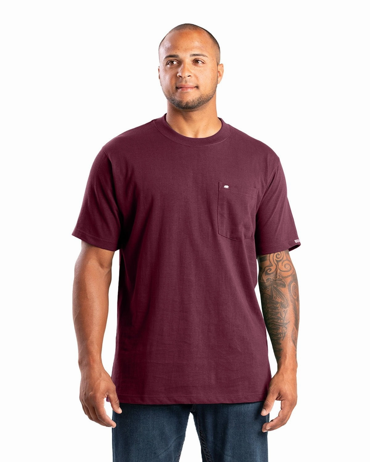 Berne Mens Highland Heavyweight Pocket Burgundy 100% Cotton S/S T-Shirt Soft Touch Seasonal Trend