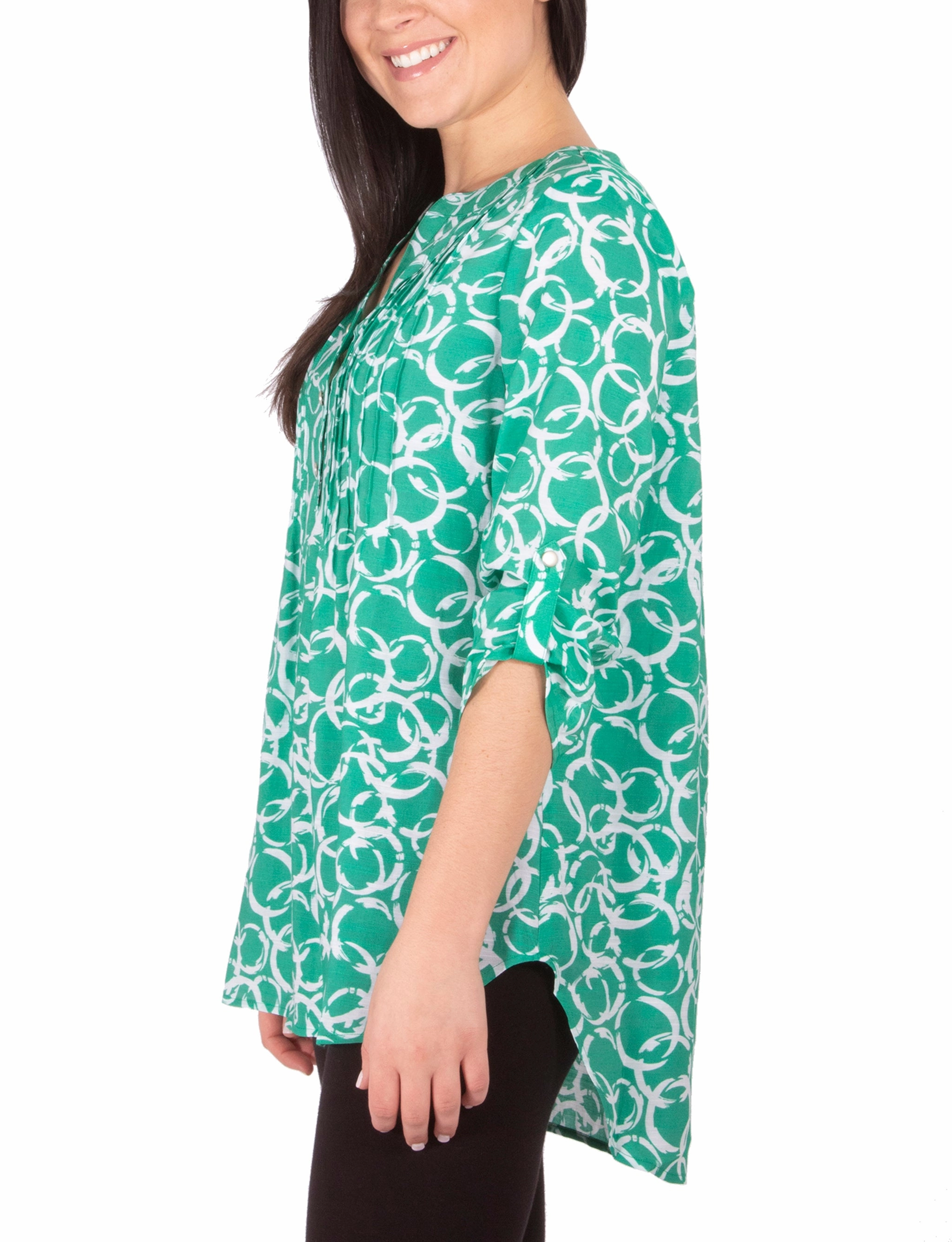 MicroPerforated Details AntiPilling Technology 3/4 Sleeve Y Neck Blouse