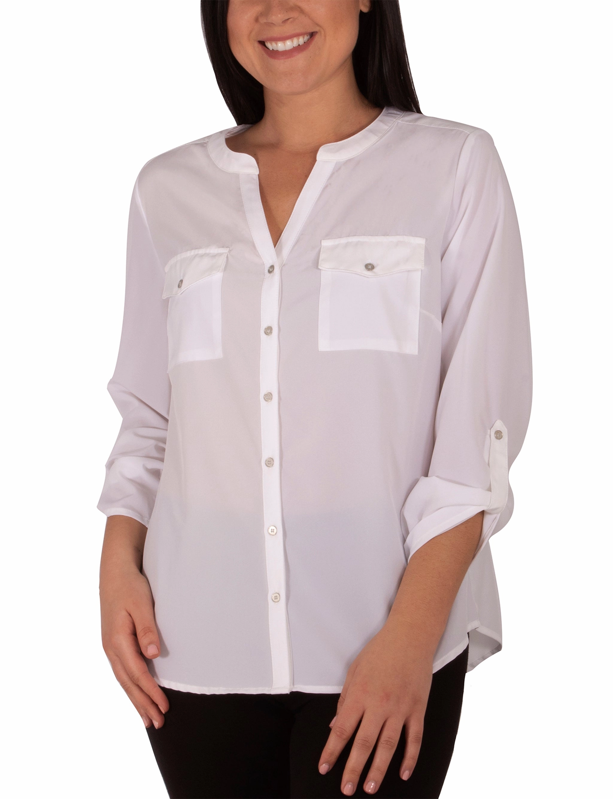 Solid Mandarin Collar Y Neck Blouse With Ruched Tabbed Sleeves Moisture Wicking Technology