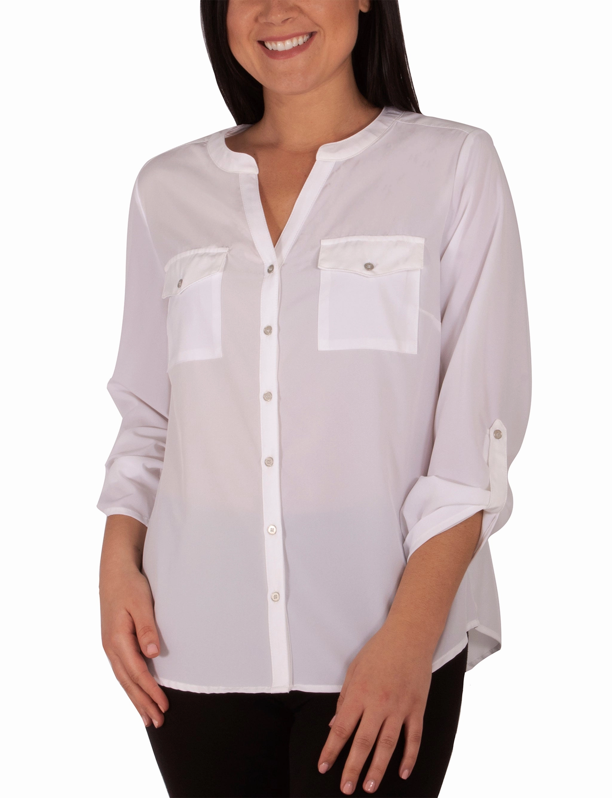 Solid Mandarin Collar Y Neck Blouse With Ruched Tabbed Sleeves VentilatedMeshPaneling