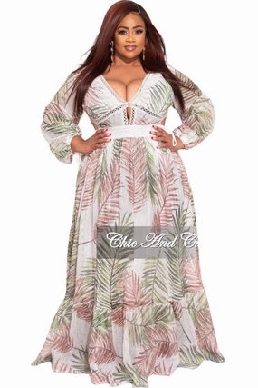 Final Sale Plus Size Maxi Dress with Side Cutouts & V-Neck in Palm Print Slim Comfort Comfy Essentials Wear
