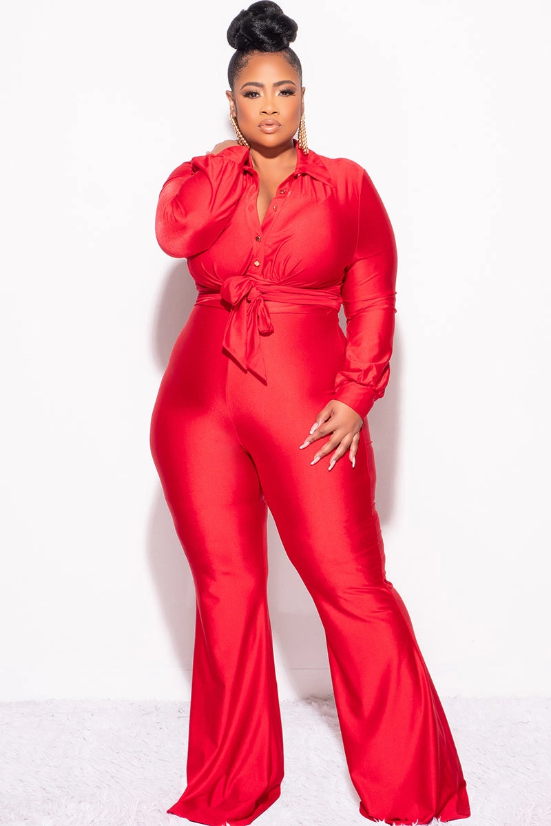 Final Sale Plus Size Shiny 2pc Collar Button Up Crop Tie Top and Bell Bottom Pants Set in Red Sleek Appearance LightweightInsulation