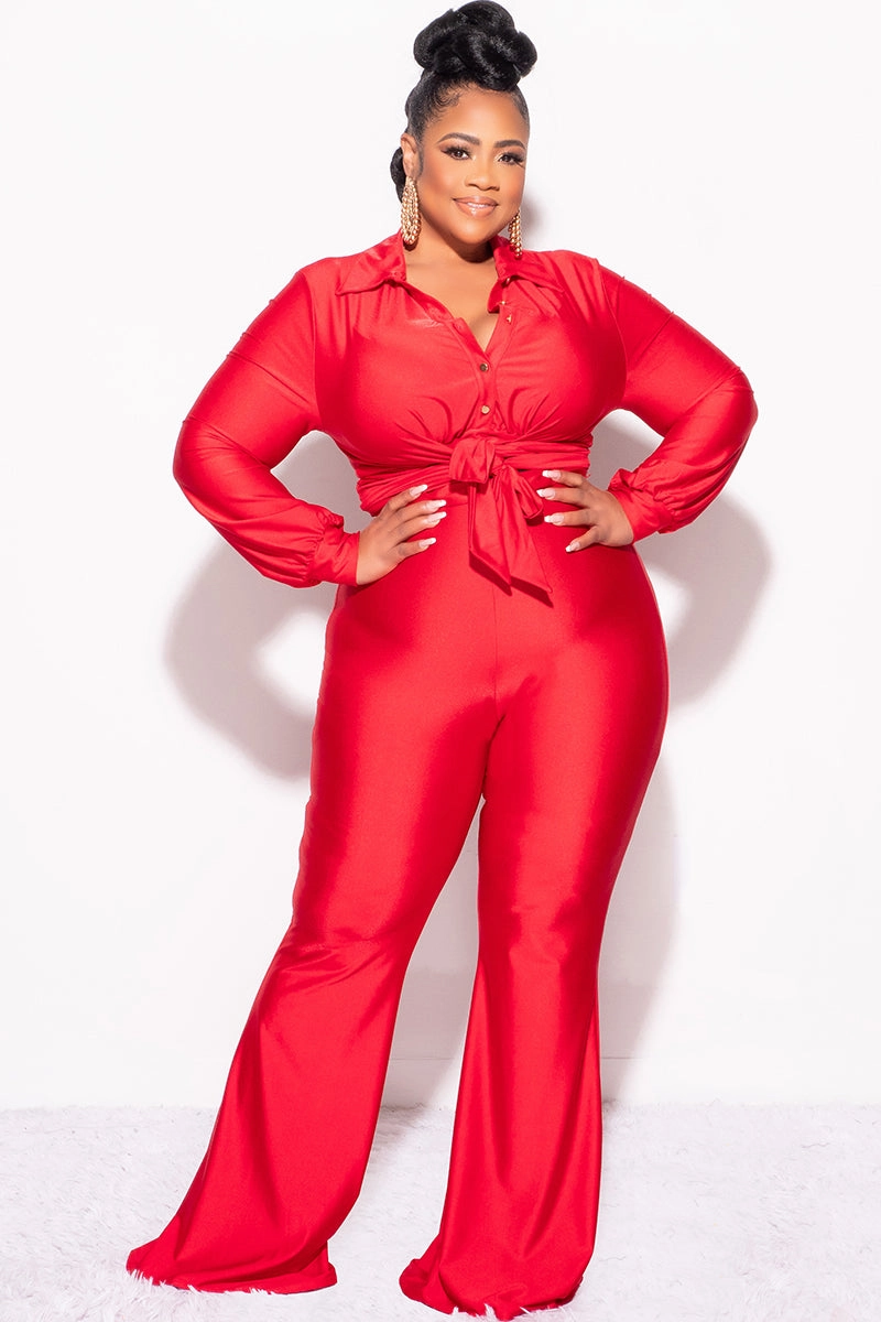 Smooth Texture Final Sale Plus Size Shiny 2pc Collar Button Up Crop Tie Top and Bell Bottom Pants Set in Red