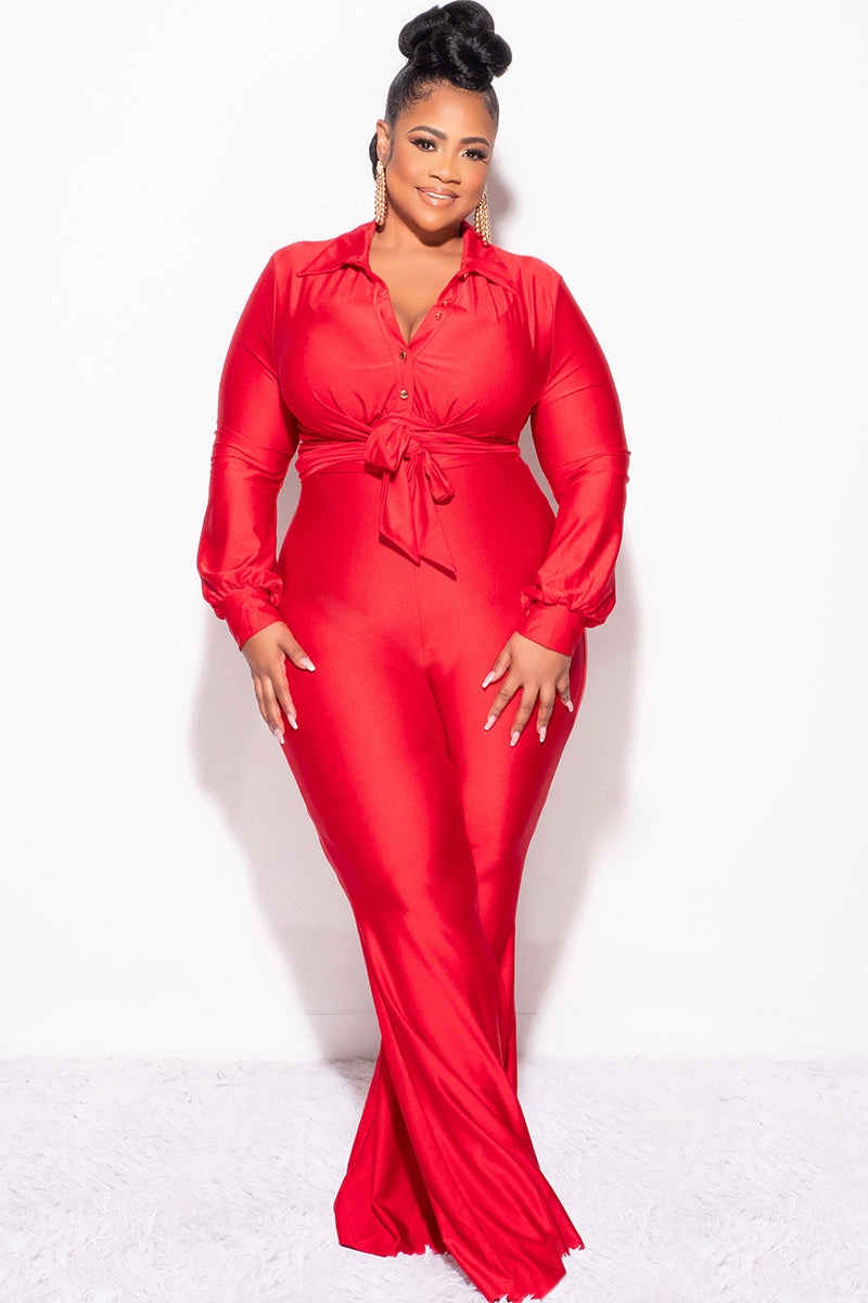 Easy Wear Final Sale Plus Size Shiny 2pc Collar Button Up Crop Tie Top and Bell Bottom Pants Set in Red
