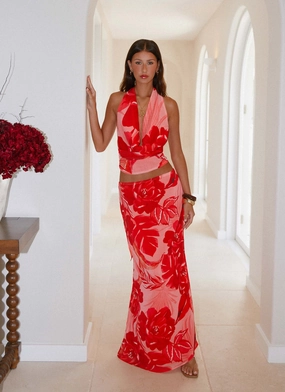 Soulful Low Rise Maxi Skirt - Sicily Sunsets Print Wrinkle Resistant Finish