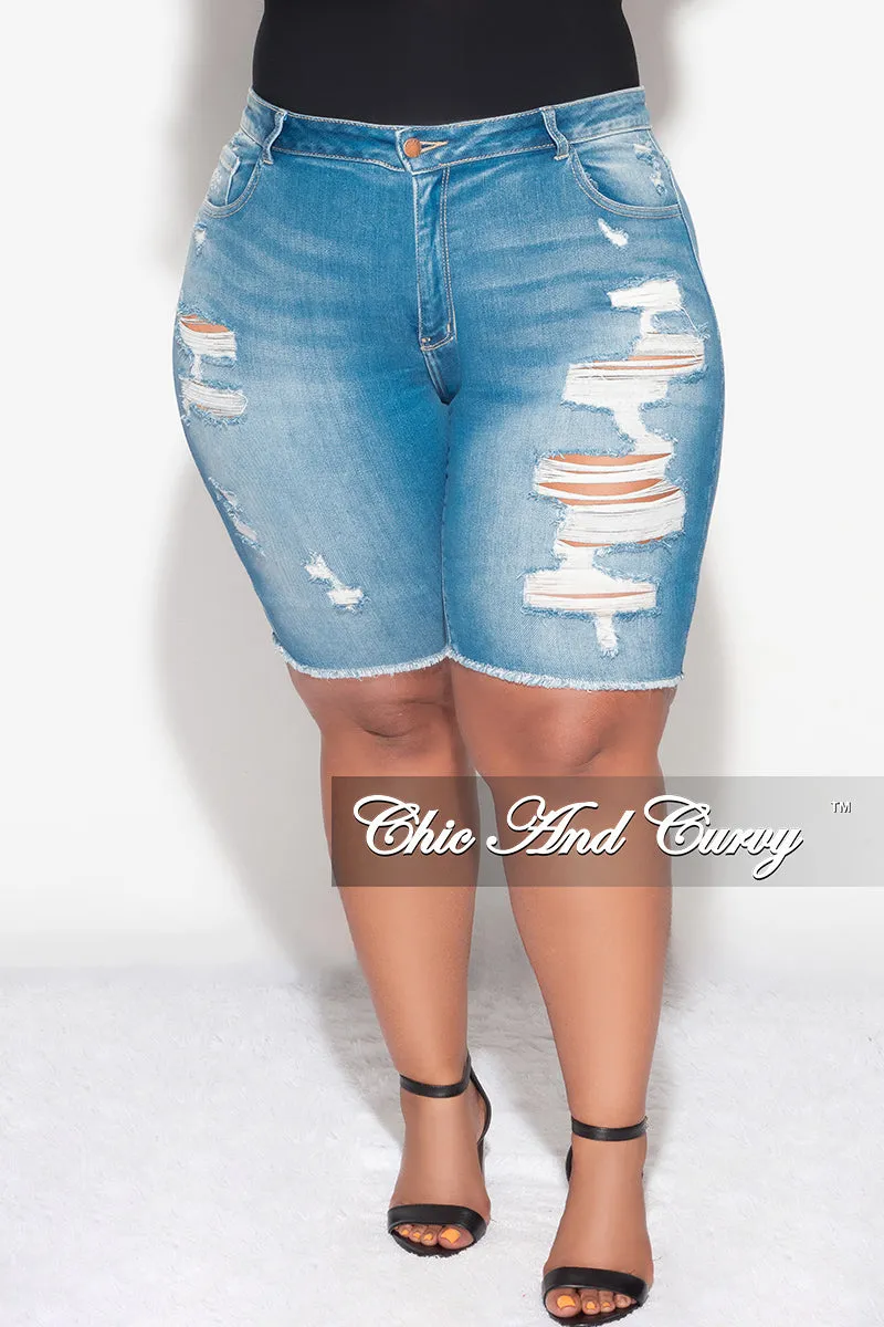 Movement Flex Chafe Free Final Sale Plus Size Distressed Bermuda Shorts in Denim