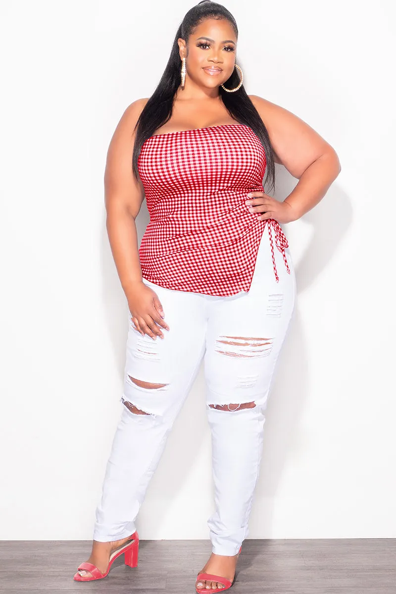 Relax Fit Design Final Sale Plus Size Gingham Tube Top with Drawstring Ruched Side in Red & White