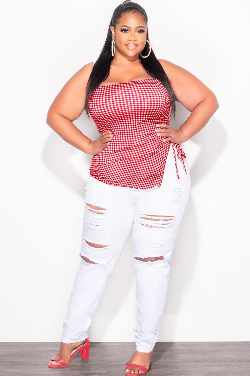 Final Sale Plus Size Gingham Tube Top with Drawstring Ruched Side in Red & White Detachable belt Perfect Design