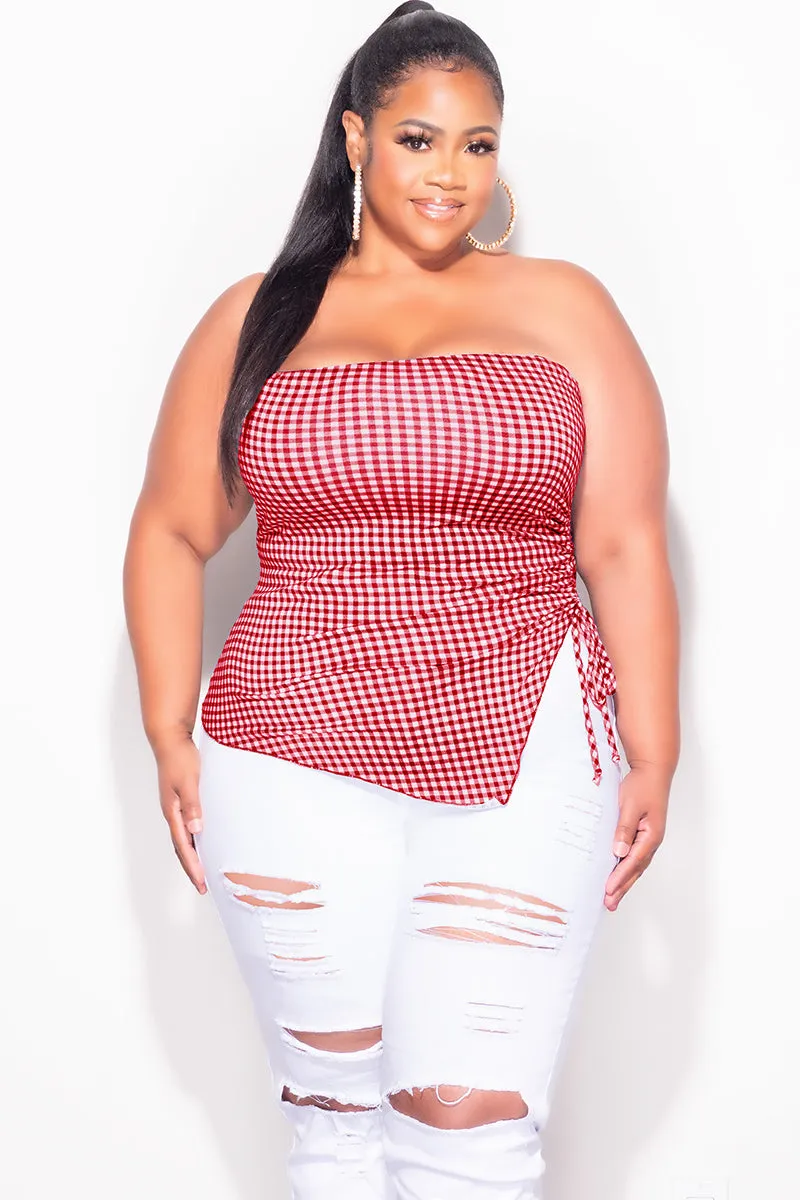 AntiSlipWaistband Final Sale Plus Size Gingham Tube Top with Drawstring Ruched Side in Red & White