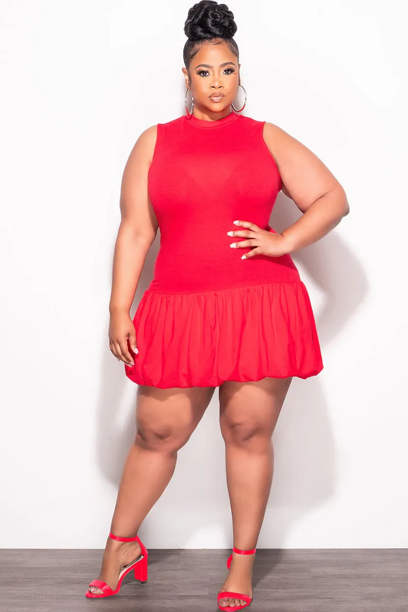 Final Sale Plus Size Cotton Sleeveless Bubble Mini Dress in Red AllDayCompression Fresh Fit