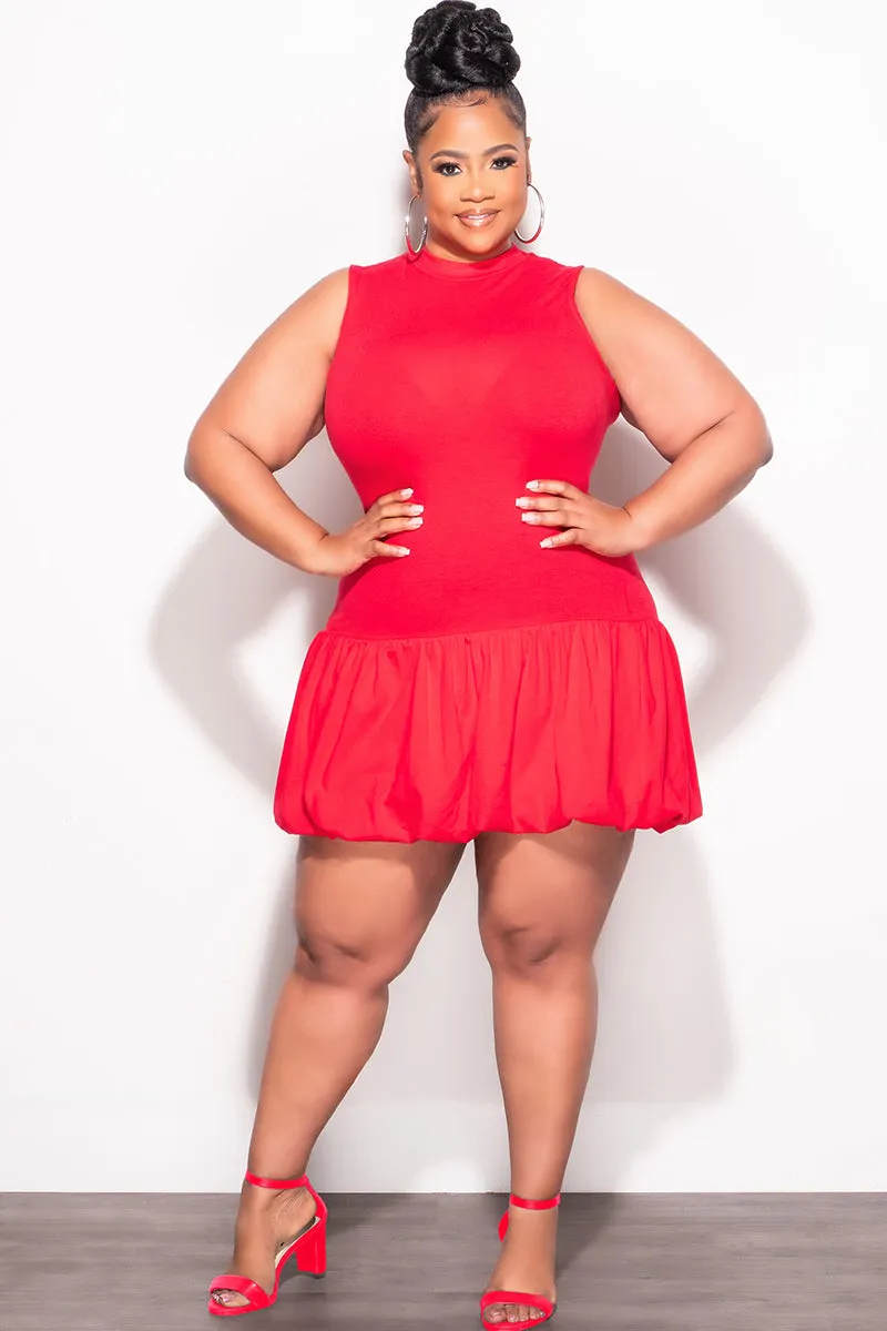 Hiking Gear Final Sale Plus Size Cotton Sleeveless Bubble Mini Dress in Red