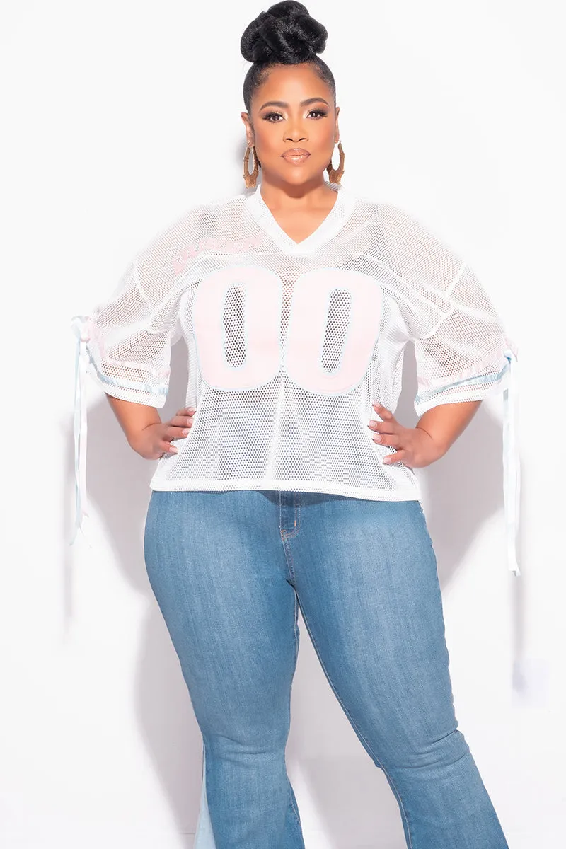 Final Sale Plus Size Jersey Top in White, Pink & Light Blue Simple Silhouette