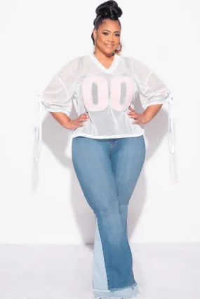 Final Sale Plus Size Jersey Top in White, Pink & Light Blue Erasable Logo Patch