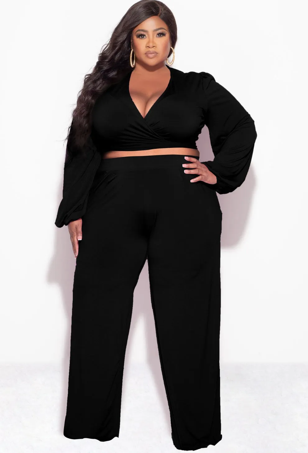 Final Sale Plus Size 2pc Tie Top & Pants in Black Hip Friendly Pockets