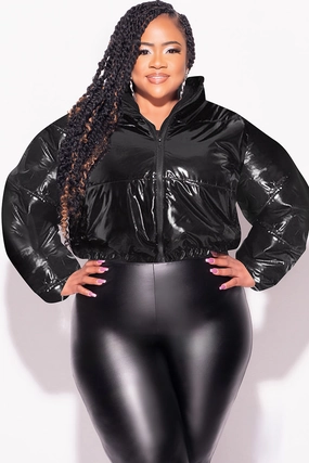 Formal Look Final Sale Plus Size Shiny Crop Puffer Jacket in Black