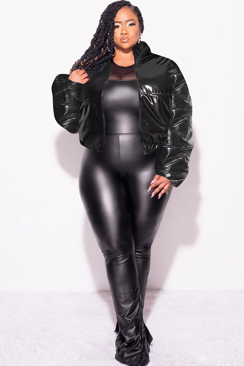 Final Sale Plus Size Shiny Crop Puffer Jacket in Black Commuter Ready Active Comfort