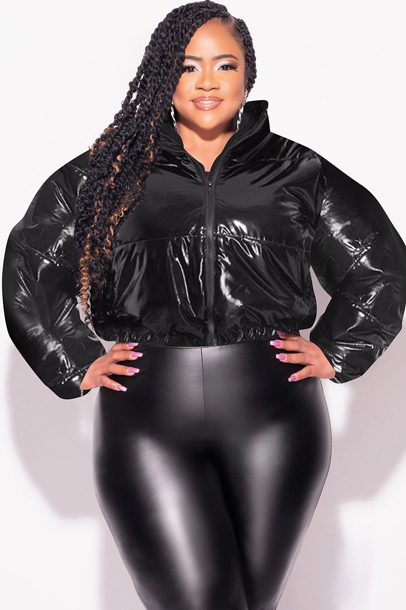 Form Fitting Final Sale Plus Size Shiny Crop Puffer Jacket in Black