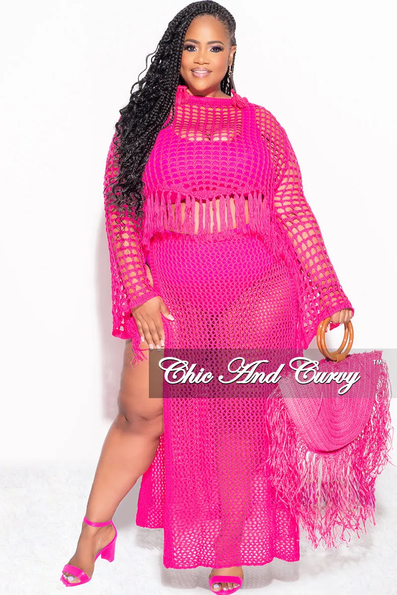 Final Sale Plus Size 2pc Crochet Set Knit Crop Top & Skirt in Fuchsia Shape Retention
