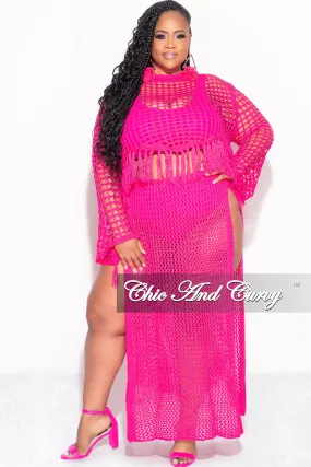 Eco Dye Process Active Flex Final Sale Plus Size 2pc Crochet Set Knit Crop Top & Skirt in Fuchsia