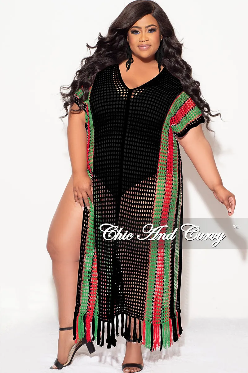 Final Sale Plus Size Crochet Cover Up in Black, Green & Red Snag Resistant Fabric Quick Conversion Hem