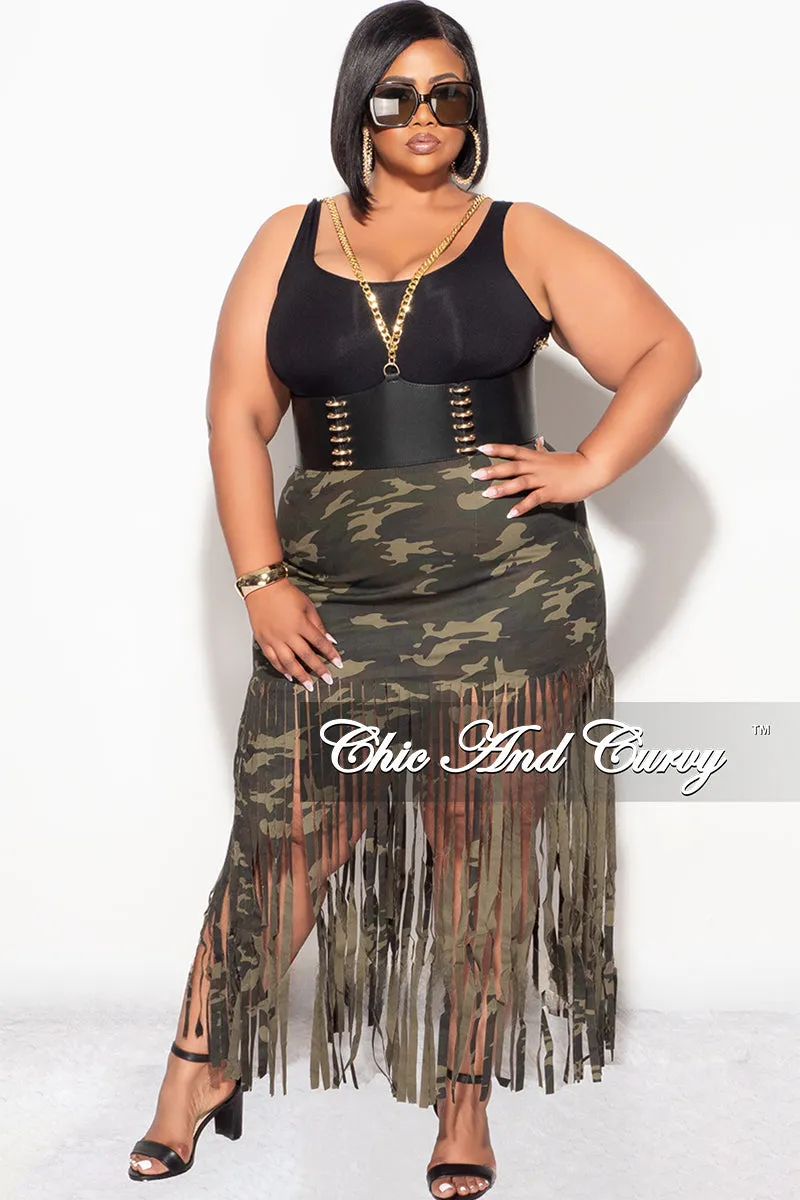 Final Sale Plus Size Fringe Skirt in Camouflage Print Stylish Fit Easy Care Fabric