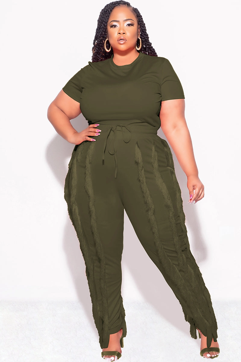 Final Sale Plus Size 2pc Tassel Pant Set in Olive Essential Comfort Wear Fast Move
