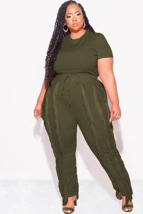 Final Sale Plus Size 2pc Tassel Pant Set in Olive Tapered leg NonIrritatingStitching