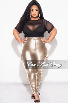 Final Sale Plus Size Slim Cargo Pants in Metallic Gold Comfort Base All Season Versatility