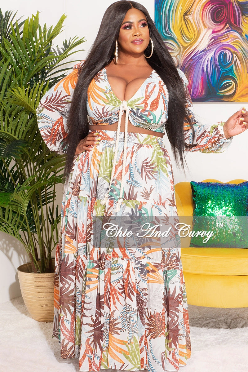 Core Ease Soft Touch Final Sale Plus Size Chiffon 2pc Set with Rope Tie Top and Maxi Skirt in Palm Print
