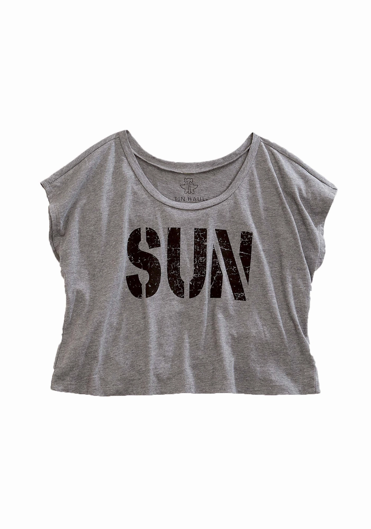 Cocktail Party High Neck Tin Haul Womens SUN Crop Top Grey Cotton Blend S/S T-Shirt