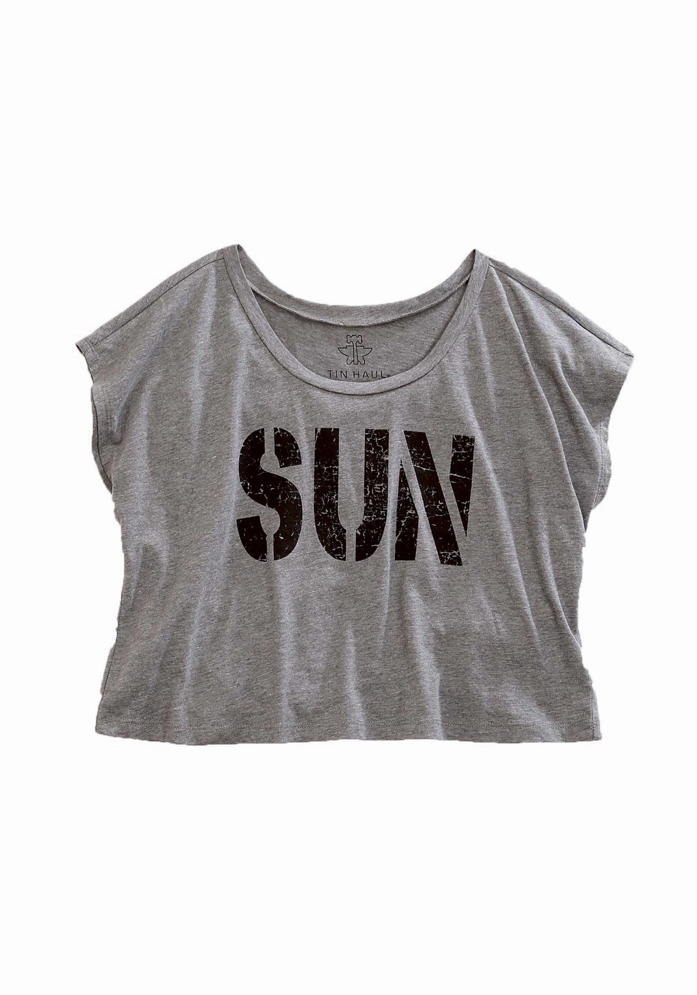 Structured Collar Polished Placket Tin Haul Womens SUN Crop Top Grey Cotton Blend S/S T-Shirt