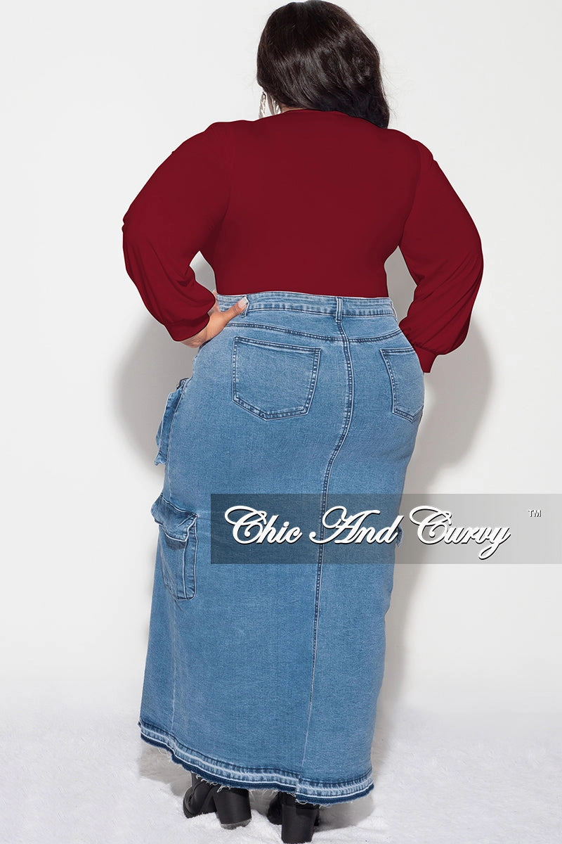 Final Sale Plus Size V Neck Bodysuit in Burgundy Non Slip Waist Grip