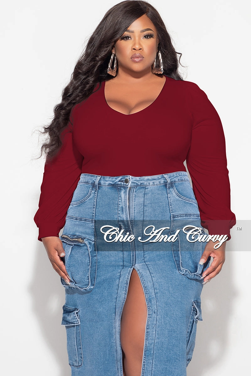 Eco Friendly Dye Comfy Vibes Final Sale Plus Size V Neck Bodysuit in Burgundy
