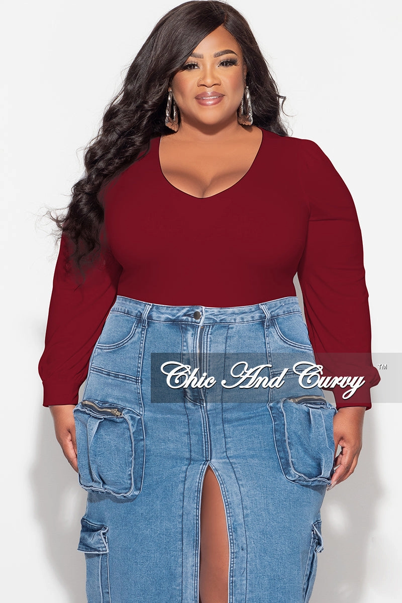 Final Sale Plus Size V Neck Bodysuit in Burgundy Temperature Regulating Fabric Anti Chafe Lining