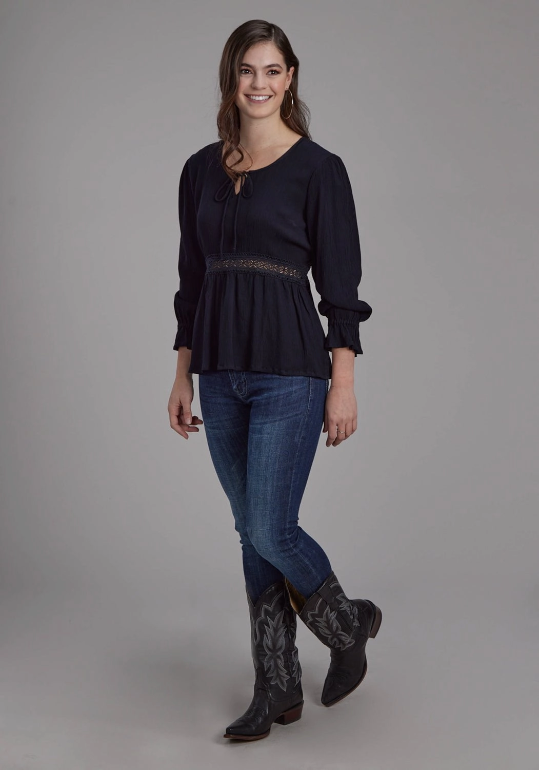 Lightweight Layer Roper Womens Lace Insert Keyhole Black 100% Rayon 3/4 Sleeve S/S Blouse