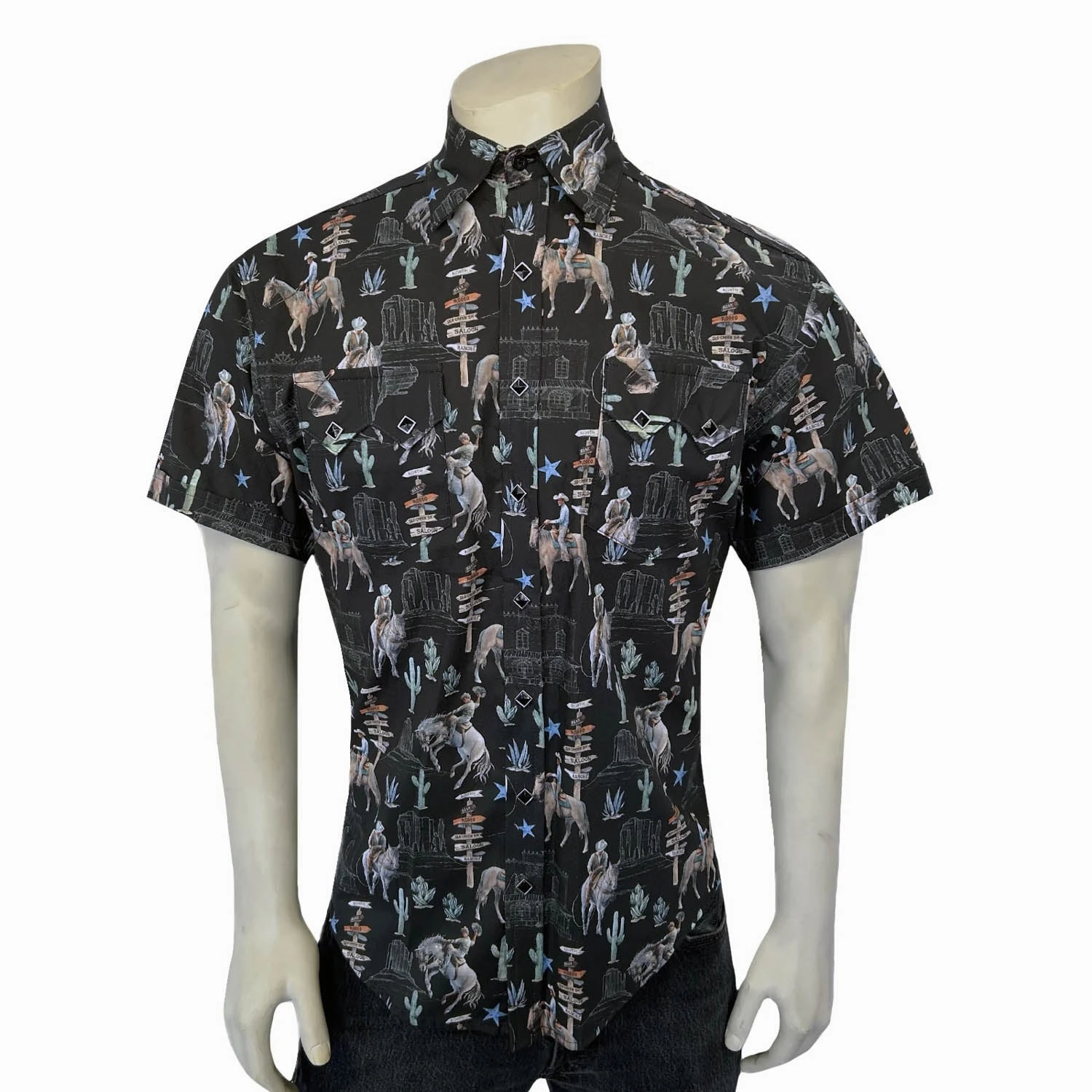 High-End Look Hooded Neckline Rockmount Mens Cactus and Cowboys Black 100% Cotton S/S Shirt