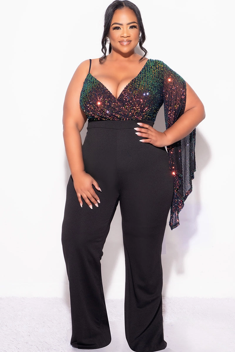 Final Sale Plus Size Multi Color Sequin Faux Wrap One Shoulder Jumpsuit with Slit Sleeve in Black Office Wear HypoallergenicConstruction