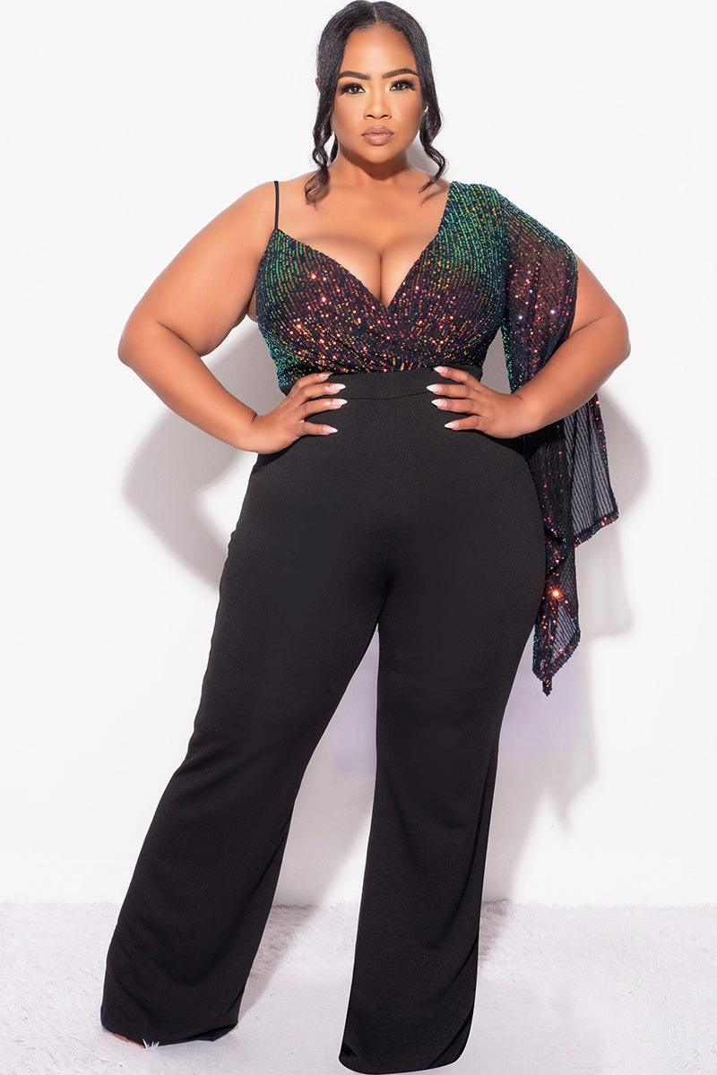 Sporty Fit Autumn Wear Final Sale Plus Size Multi Color Sequin Faux Wrap One Shoulder Jumpsuit with Slit Sleeve in Black