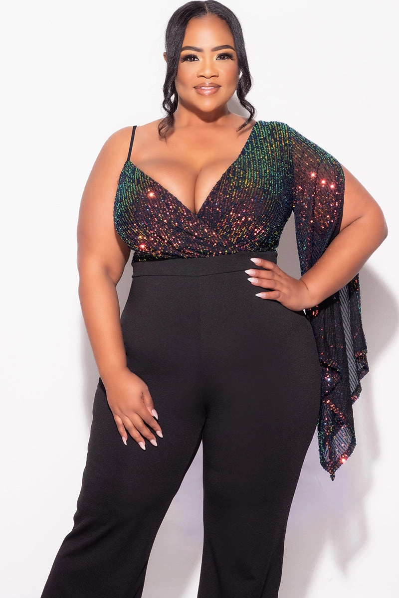 Final Sale Plus Size Multi Color Sequin Faux Wrap One Shoulder Jumpsuit with Slit Sleeve in Black Cozy Design Comfy Look