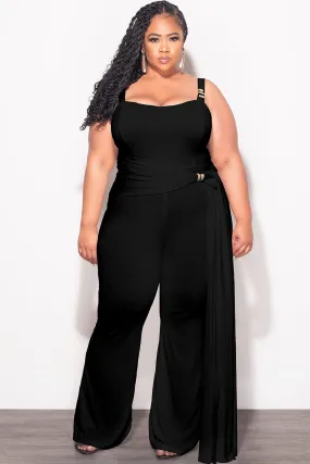 Final Sale Plus Size Jumpsuit with Gold Detail and a Sash in Black Stylish Look Tough Stretch