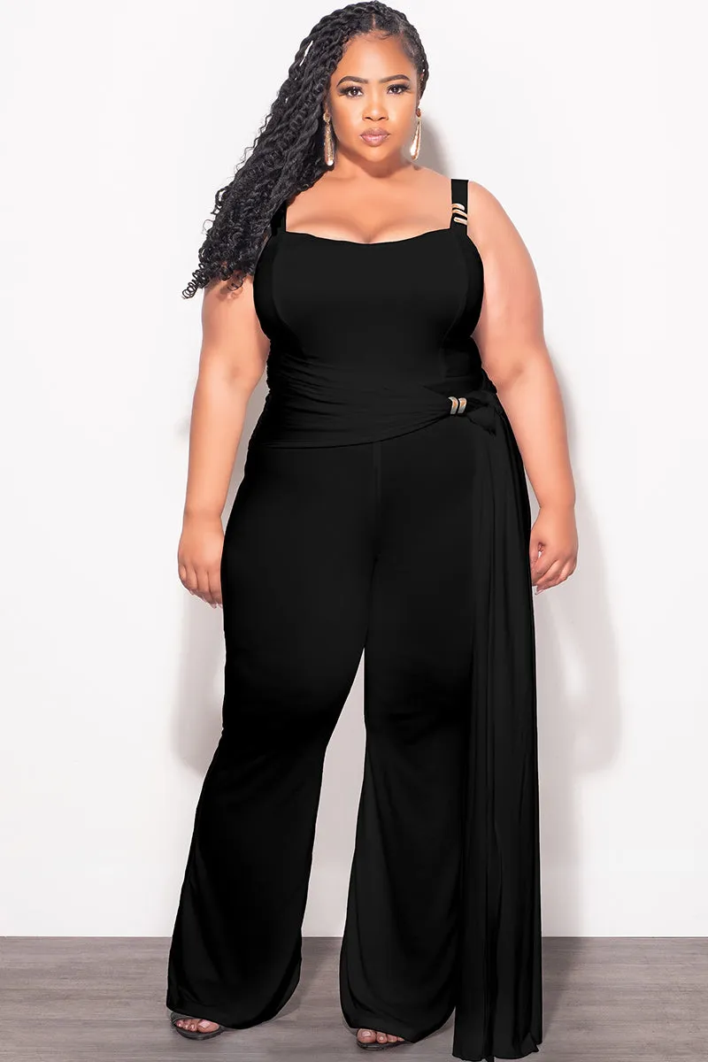 Final Sale Plus Size Jumpsuit with Gold Detail and a Sash in Black Stylish Look Tough Stretch